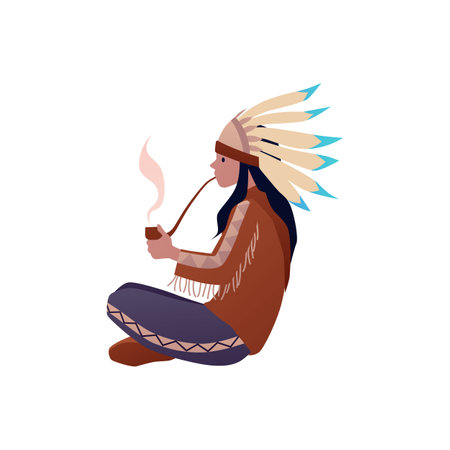 Native American Indian in traditional costume smokes pipe, vector cartoon tribal aborigine with feather ethnic headdressのイラスト素材
