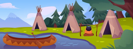 Indian huts near river with canoe and kettle over fire with forest trees in background.のイラスト素材