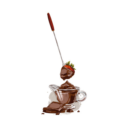 Strawberry with melted dark chocolate on the skewer hand drawn vector illustration, fondue dessert dish sketchのイラスト素材