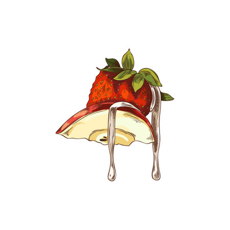 Fondue with white chocolate, apple slice and strawberry. Vector watercolor hand drawn illustration.のイラスト素材