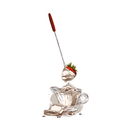 Strawberry with melted white chocolate on the skewer hand drawn vector illustration, fondue dessert dish sketchのイラスト素材