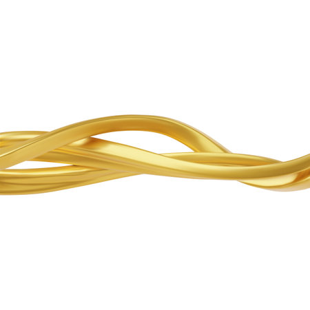 Golden twisted ribbons on white, horizontal yellow intertwined wave shapes, curvy metal lines stream vector 3D designのイラスト素材