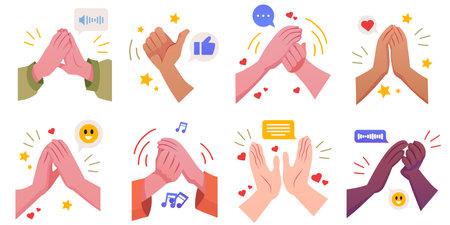 Vector illustration of a set of hand gestures, clapping and thumbs up.のイラスト素材