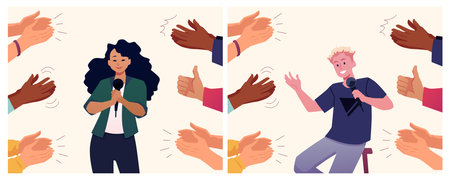 Hands clapping, thumbs up ovation to woman, man performance vector illustrations set, multinational audience applaudingのイラスト素材