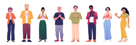 Illustration of happy characters, men and women, clapping hands and giving thumbs up.のイラスト素材