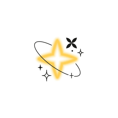 Sparkle star outline gradient blurred element with line art ring and sparkle, vector Y2K yellow soft flash effect, spaceのイラスト素材