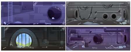 Abandoned sewage sewer drainage pipes system and skeletons vector set, cartoon basement wastewater pipeline constructionのイラスト素材
