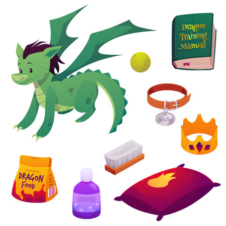 Cartoon green dragon with accessories vector set, cute fantasy animal monster, fairytale stuff golden crown, pillow foodのイラスト素材