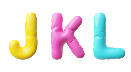 Realistic 3D volume inflated balloon multicolored J K L uppercase letter type of English alphabet, vector puffy fontのイラスト素材