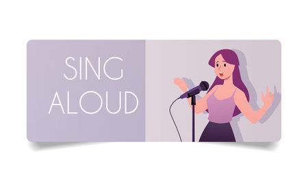 Sing aloud vector flat design, young singer, vocalist singing and recording song with professional microphone in studioのイラスト素材