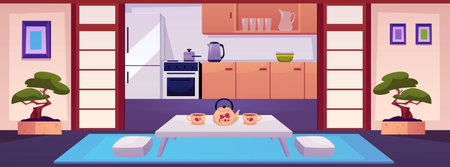 Japanese interior. Vector of traditional room with furniture, kitchen utensils.のイラスト素材