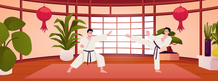 Karate men fighters in kimono in Japanese room interior vector flat illustration, oriental traditional martial art sportのイラスト素材