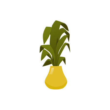 Yellow vase or pot with green plant leaves, houseplant vector illustration.のイラスト素材