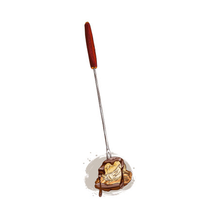 Slice of bananas and madeleine cookie in melted dark chocolate on fondue skewer with melted chocolate hand drawn vectorのイラスト素材