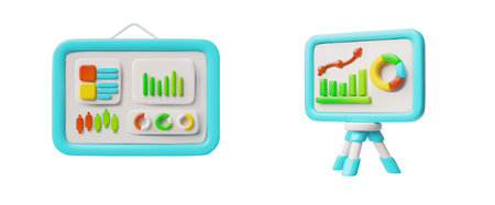 3D set with computer monitor and interactive whiteboard with various business analysis charts.のイラスト素材
