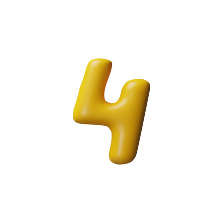 Glossy yellow number four 3D vector icon, volume numeric symbol 4 from plasticine texture, kids...