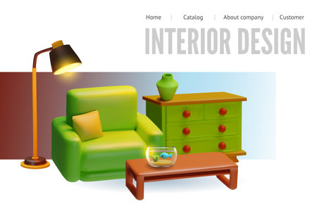 3D interior design. Vector website banner with armchair, lamp, chest of drawers, table.のイラスト素材