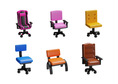 Vector 3D illustration of a set of office chairs of various designs and colors.のイラスト素材
