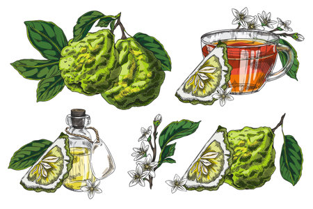 Vector set with bergamot fruit, flowers, oil and a mug of tea.のイラスト素材