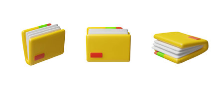 3D vector set of yellow folder icons with pieces of paper, from different sides.のイラスト素材