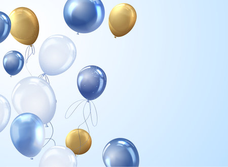 Golden and blue inflated balloons on gradient background, helium balloons for romantic events, festive 3d vector designのイラスト素材