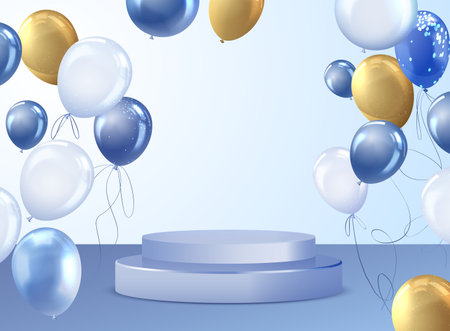 Realistic golden and blue inflated balloons with round podium 3d vector background, air decoration for festive eventsのイラスト素材