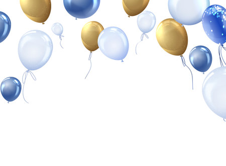 Realistic golden and blue inflated balloons 3d vector background, air decoration for festive events, party celebrationのイラスト素材