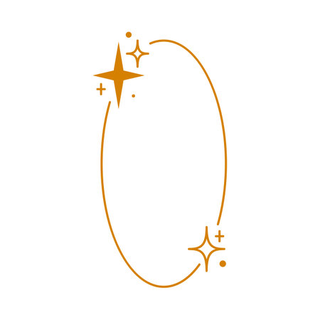 Minimalist Y2K aesthetic line border, vector orange linear oval frame with stars and sparkles, round shape Boho line artのイラスト素材