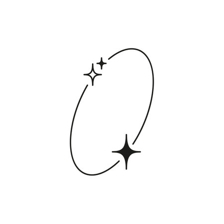 Minimalist Y2K aesthetic line art element, vector abstract black linear oval frame with stars and sparkles, space, Bohoのイラスト素材