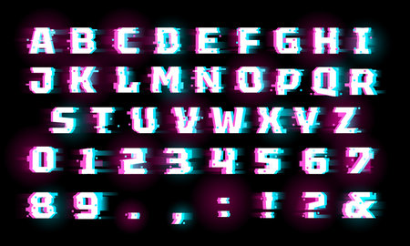 Uppercase letters alphabet and numbers, glitch and digital vhs noise effect font, destroyed glitch typographic symbolsのイラスト素材