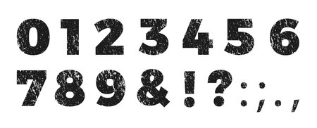 Numbers and punctuation marks rough texture font, grunge chalk stylized typographic numeric symbols, retro grainy typeのイラスト素材