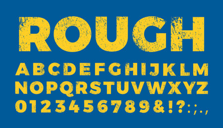 Uppercase letters of English alphabet and numbers, yellow rough texture font, grunge scratched chalk typographic symbolsのイラスト素材