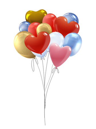 Colorful inflated balloons bunch, vector heart and round shape balloons on a rope, romantic holiday party air decorationのイラスト素材