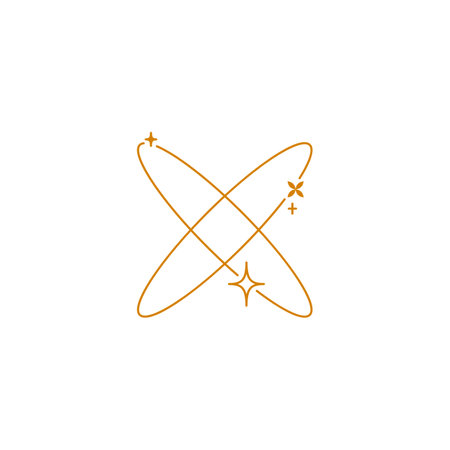 Intertwined orange orbital two rings with sparkle stars y2k line art, vector science abstract rounded symbol Boho styleのイラスト素材
