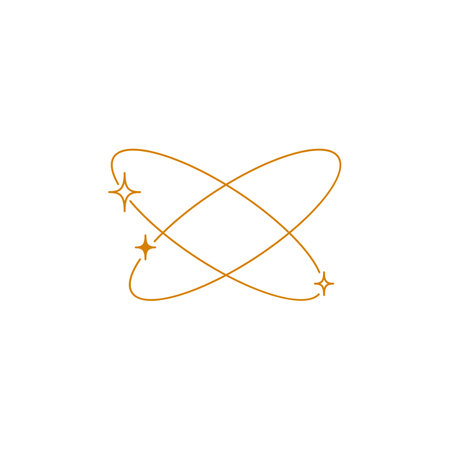 Orange orbital rings with sparkle stars Y2K vector, abstract swirl circles symbol, science Boho design, molecular trailsのイラスト素材