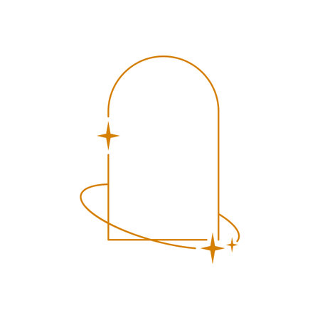 Y2K aesthetic line arch border, vector orange linear rounded rectangle frame with ring and sparkle stars, Boho line artのイラスト素材
