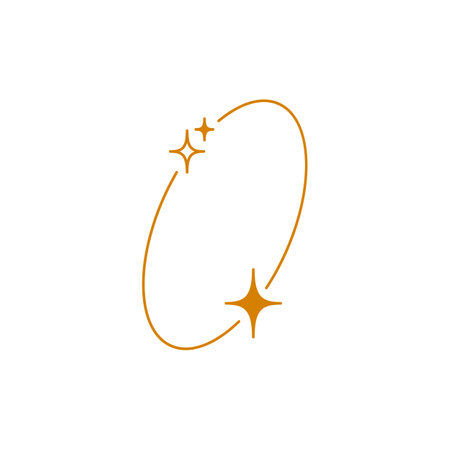 Minimalist Y2K aesthetic line element, abstract orange linear oval frame with sparkle stars, oval figure Boho line artのイラスト素材