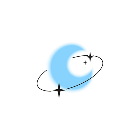 Crescent moon gradient blurred element with line art ring and sparkles, vector Y2K smooth blue space planet Boho styleのイラスト素材