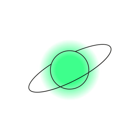 Minimal Y2K aesthetic cosmic line art on green blurred gradient round background, vector black planet circle with ringのイラスト素材