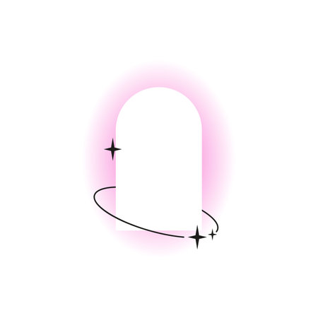 Y2K line art ring and arch frame stencil trace on pink blurred gradient border, vector Boho design with sparkle starsのイラスト素材