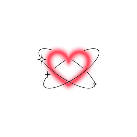 Heart Y2K gradient blurred element with line art, red heart outline rings and sparkle stars, soft Love symbol in spaceのイラスト素材