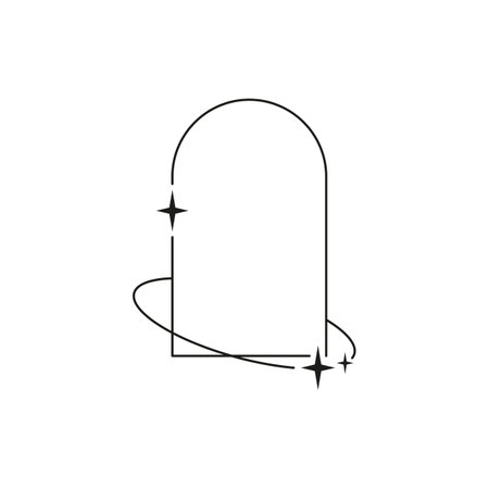 Y2K aesthetic line arch border, vector black linear rounded rectangle frame with ring and sparkle stars, Boho line artのイラスト素材