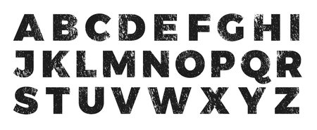 Uppercase letters of English alphabet rough texture font, grunge chalk typographic symbols, retro distress grainy typeのイラスト素材