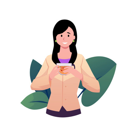 Aromatherapy. Smiling girl holding cup of tea in hands on green leaves background.のイラスト素材