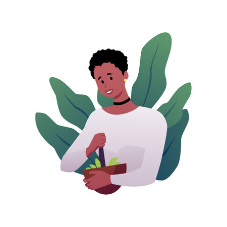 Woman with mortar and pestle with plants vector flat illustration, pounder and herb leaves, essence mixture preparationのイラスト素材