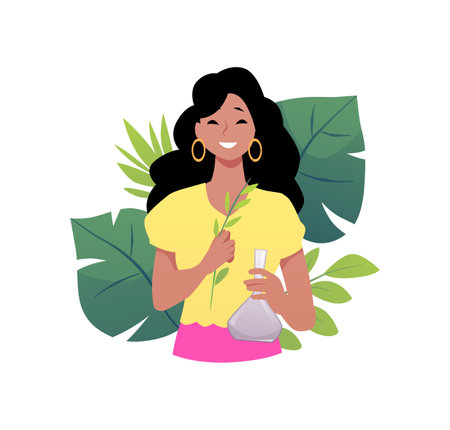Vector of happy girl with flask and herb branch in hands on green leaves background.のイラスト素材