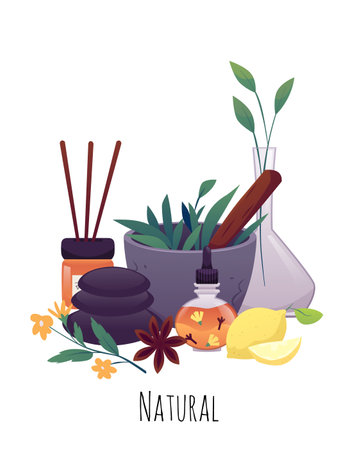 Natural perfumery or aromatherapy products vector flat poster, mortar and pestle, plant, aroma sticks, herbal mixtureのイラスト素材