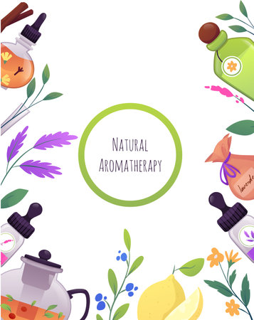 Natural aromatherapy products vector flat poster, glass bottles, teapot with flowers, lemon, spice herbal flavor mixtureのイラスト素材