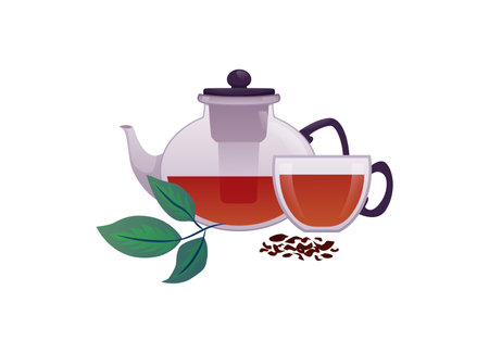 Glass teapot and cup with leaves, vector herbal tea ceremony, kettle with healing floral hot beverage, aromatherapyのイラスト素材