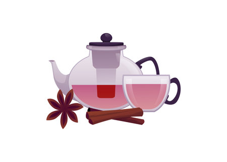 Glass teapot and cup with anise star and cinnamon sticks vector flat icon, spice herbal tea ceremony, aromatherapyのイラスト素材
